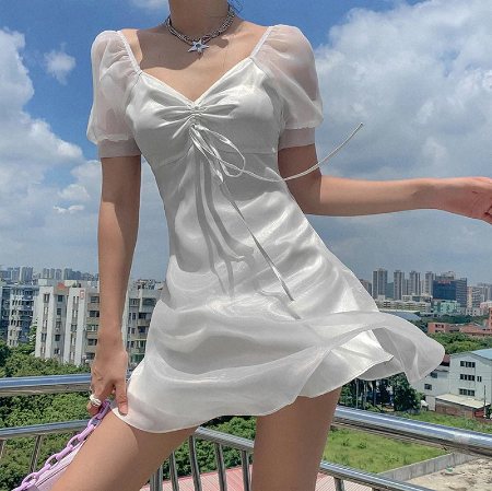 Sheer Puff Sleeve Ruched Tie Front Sweetheart Mini Dress