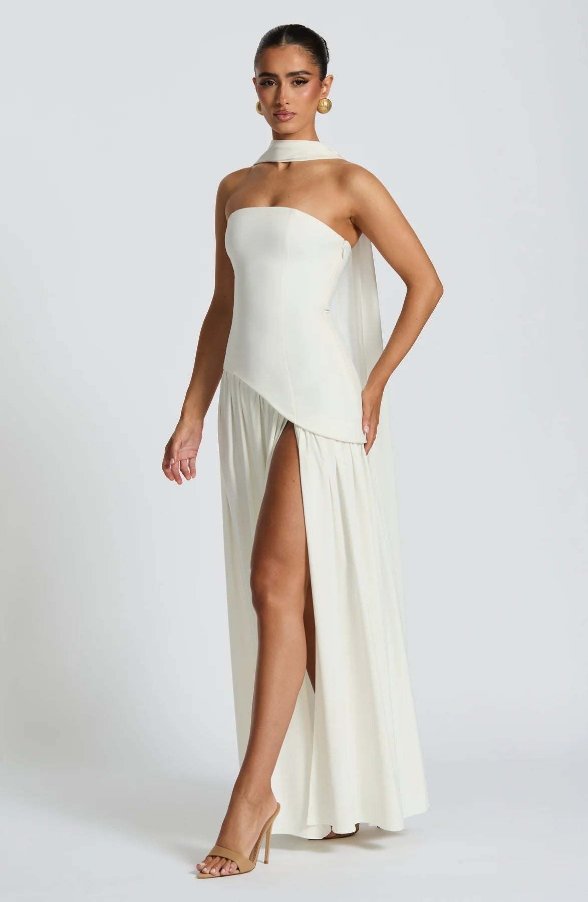 Strapless Asymmetric Drop Waist High Split Maxi Dress with Scarf 83