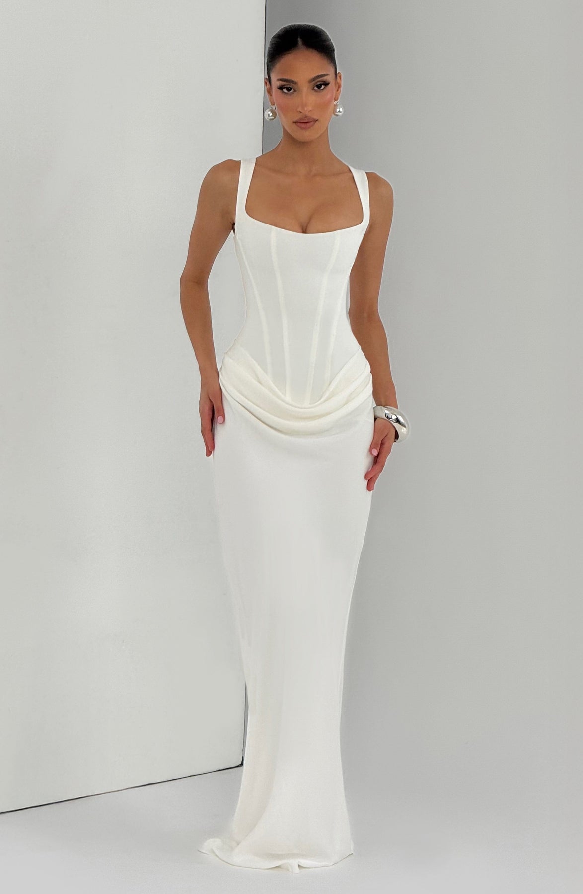 Corset Bodice Square Neck Draped Hip Sleeveless Maxi Dress 19