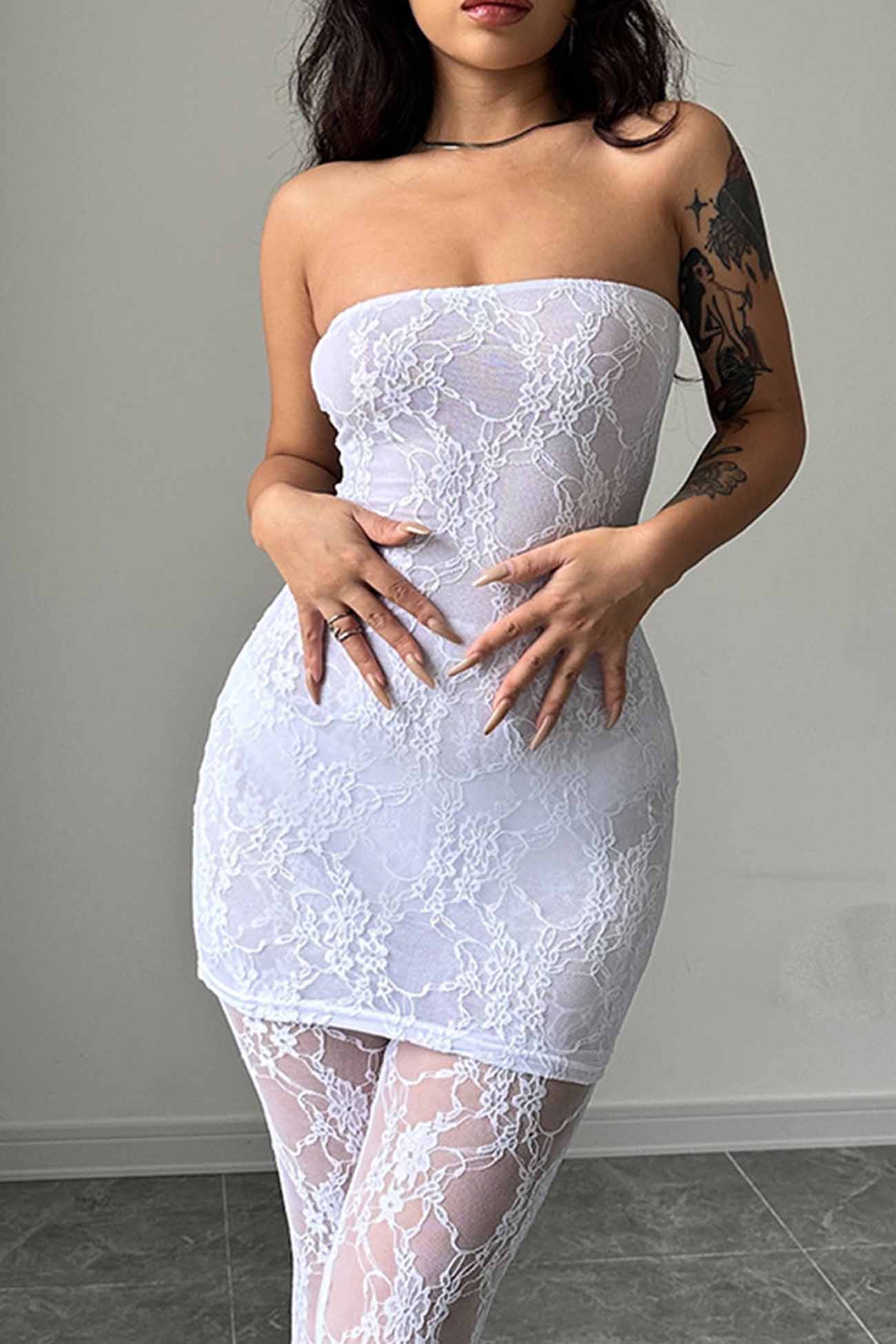 Strapless Floral Lace Bodycon Mini Dress and Lace Leggings Two Piece Set