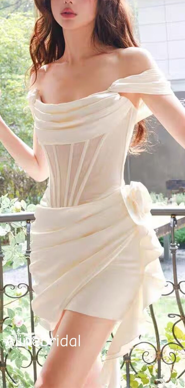 Satin Off Shoulder Cowl Neck Sheer Corset Rosette Draped Short Homecoming Dress 2