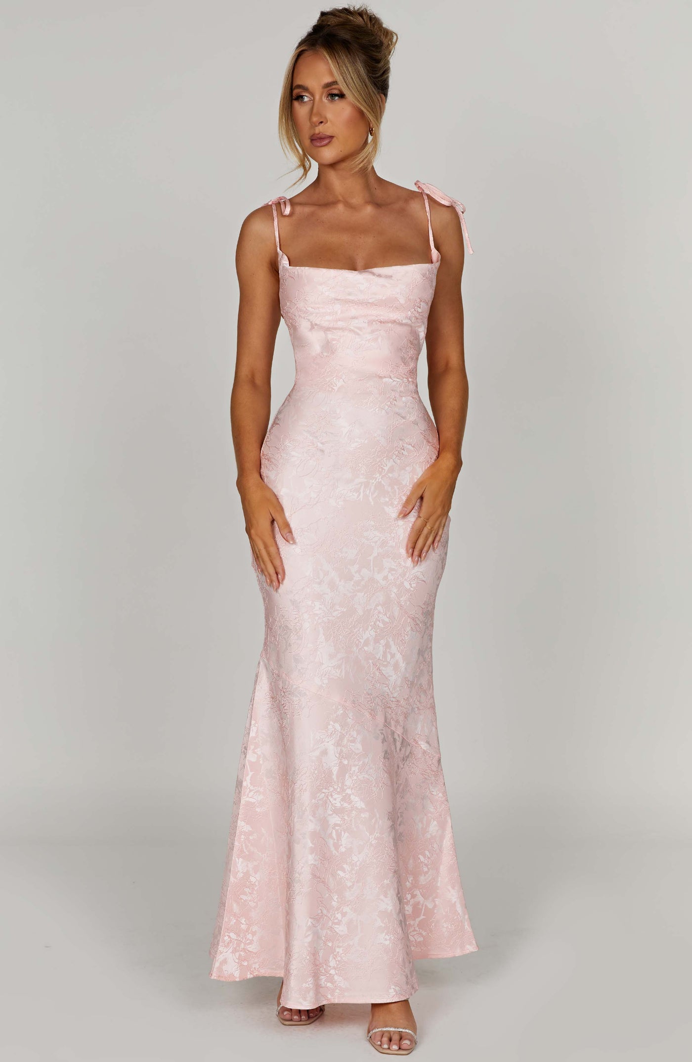 Jacquard Square Neck Tie Strap Mermaid Maxi Dress 11