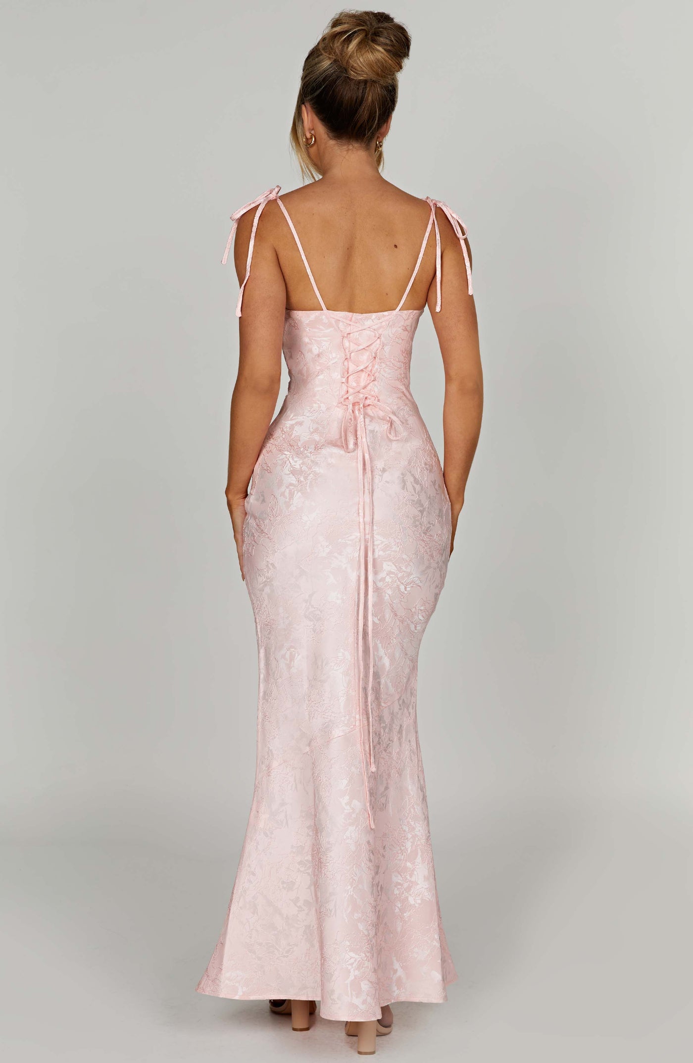Jacquard Square Neck Tie Strap Mermaid Maxi Dress 8