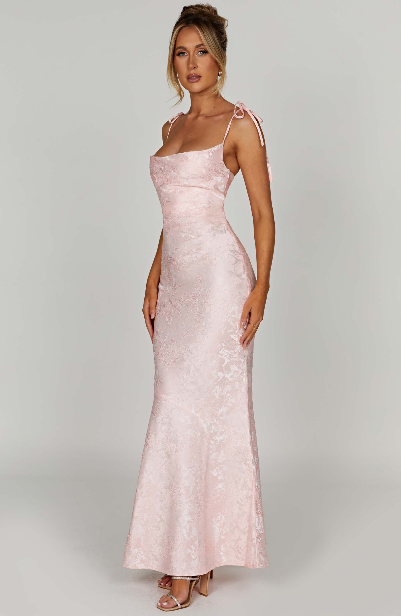 Jacquard Square Neck Tie Strap Mermaid Maxi Dress 10