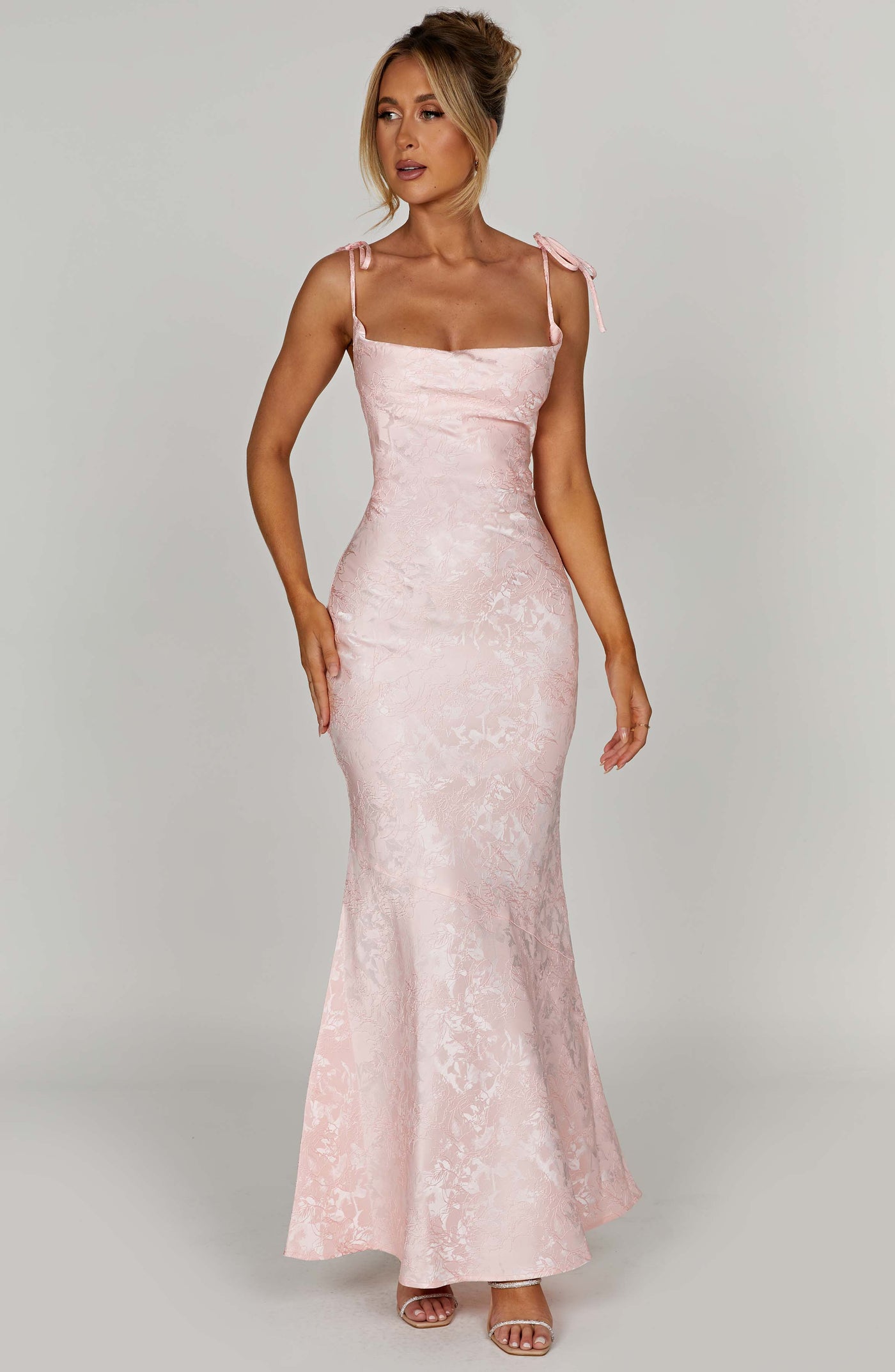 Jacquard Square Neck Tie Strap Mermaid Maxi Dress 6