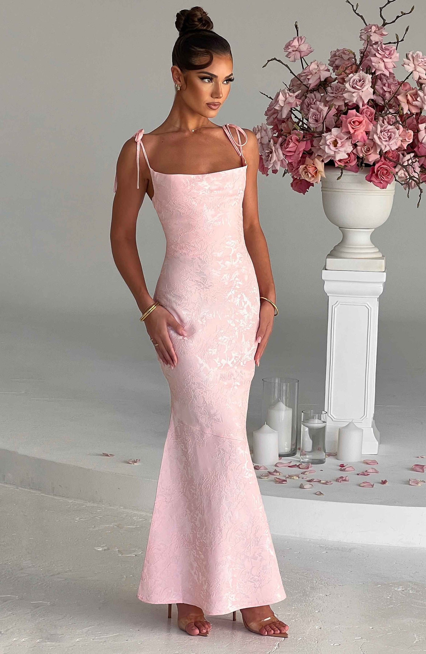 Jacquard Square Neck Tie Strap Mermaid Maxi Dress