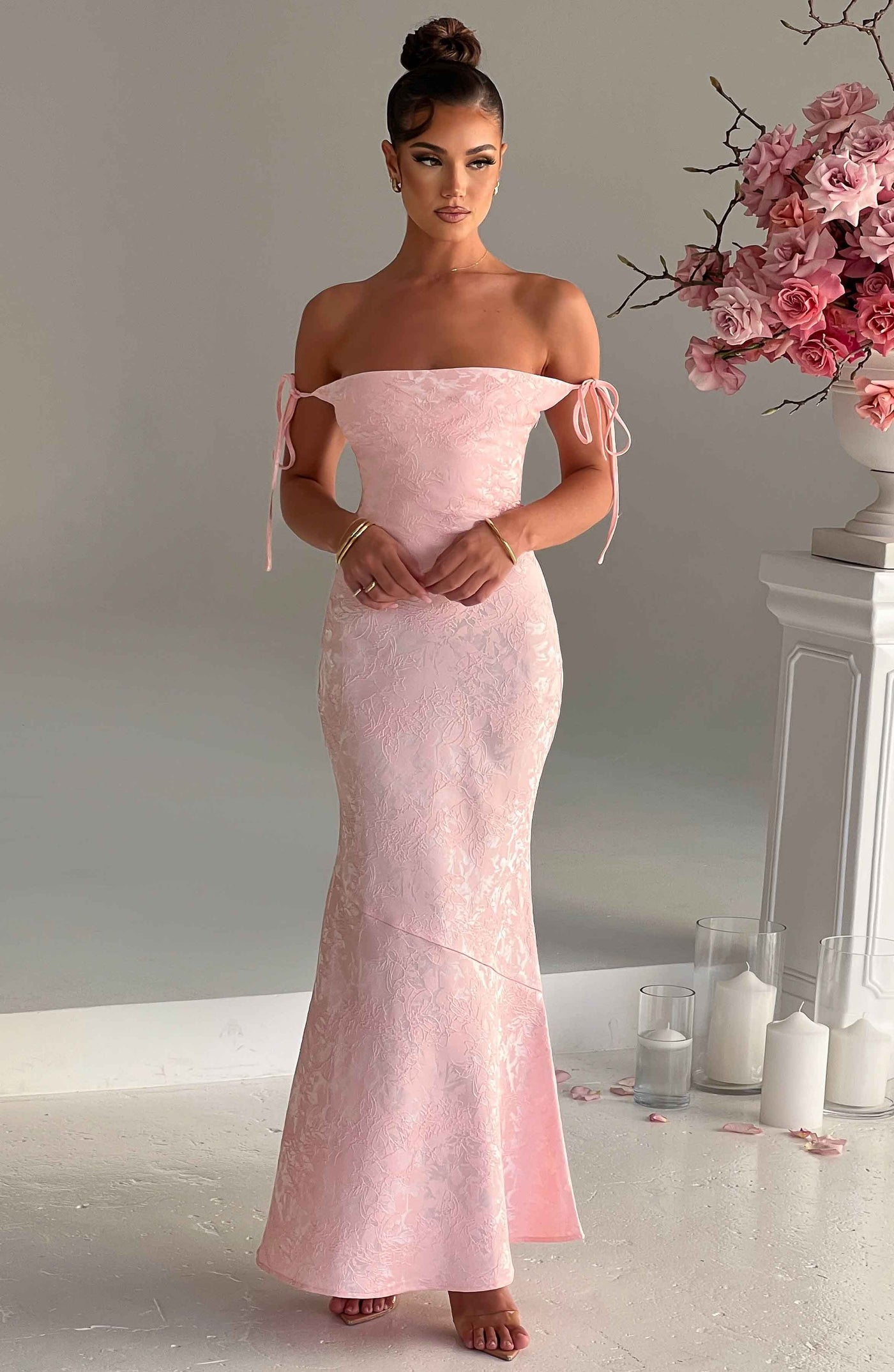 Jacquard Square Neck Tie Strap Mermaid Maxi Dress 2