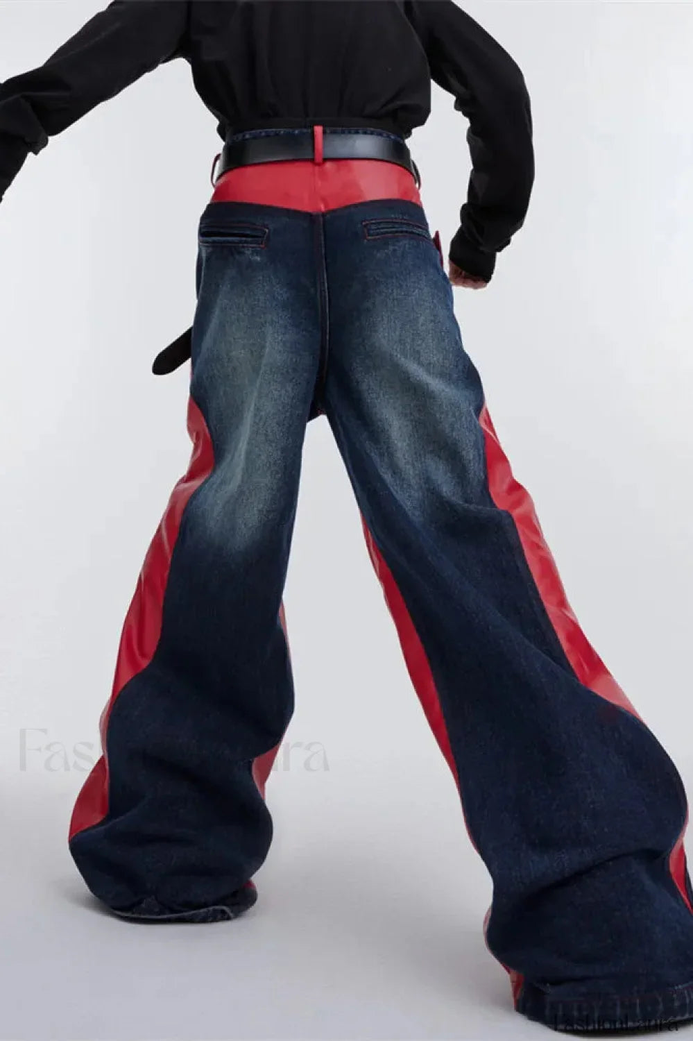 Wide Leg PU Leather Patchwork Jeans