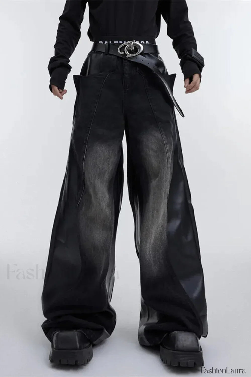 Wide Leg PU Leather Patchwork Jeans