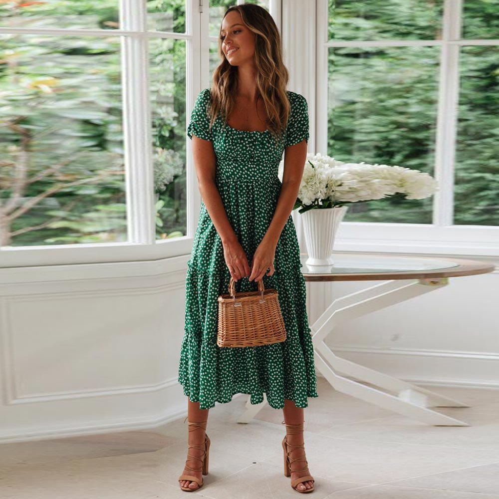 Chic Yasmina Bohemian Green Midi Dress with Puff Sleeves Premium Wardrobe Essential