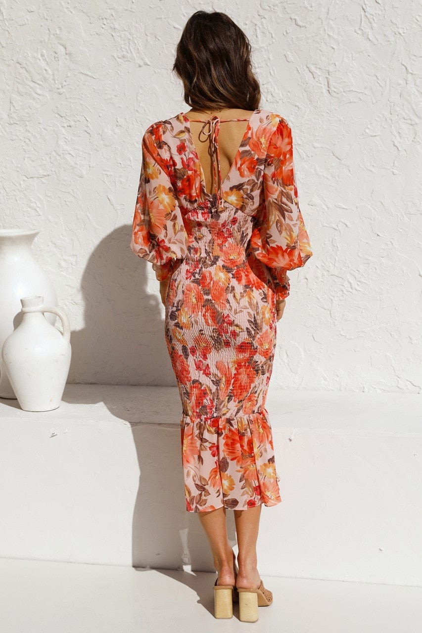 Floral V-Neck Long Puff Sleeve Smocked Bodycon Ruffle Hem Midi Dress