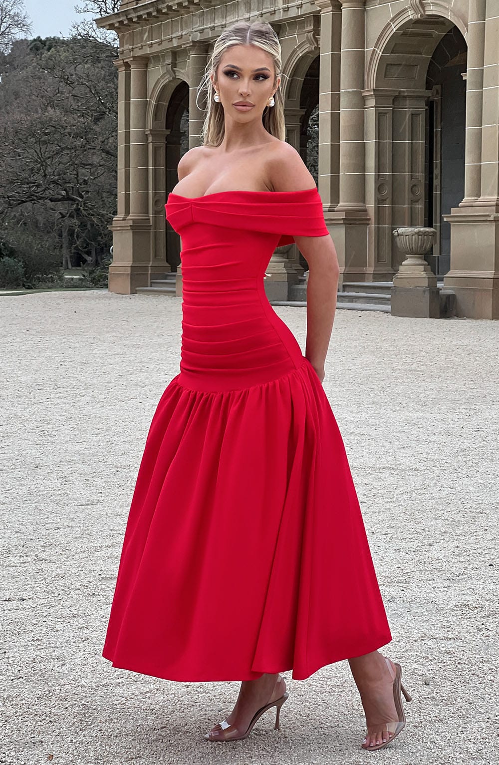 Off Shoulder Ruched Bodice Drop Waist Midi Dress 8