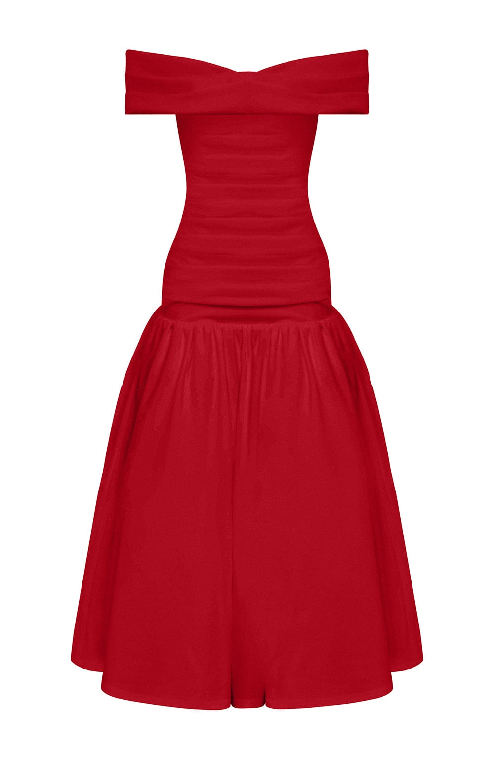 Off Shoulder Ruched Bodice Drop Waist Midi Dress 10