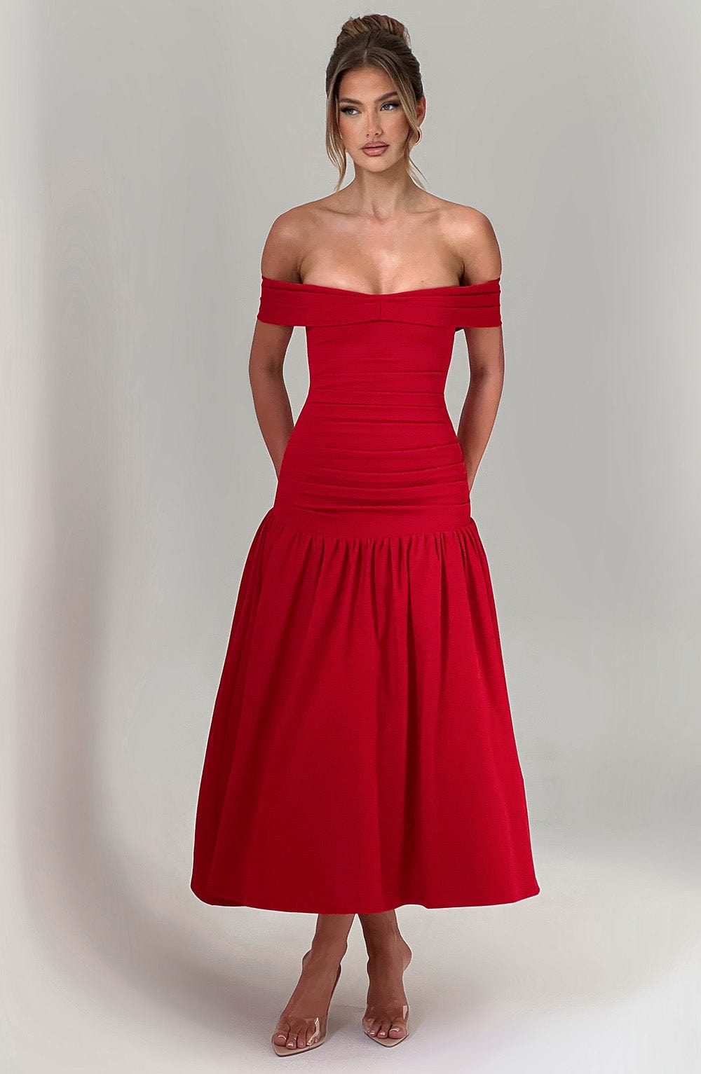 Off Shoulder Ruched Bodice Drop Waist Midi Dress 5