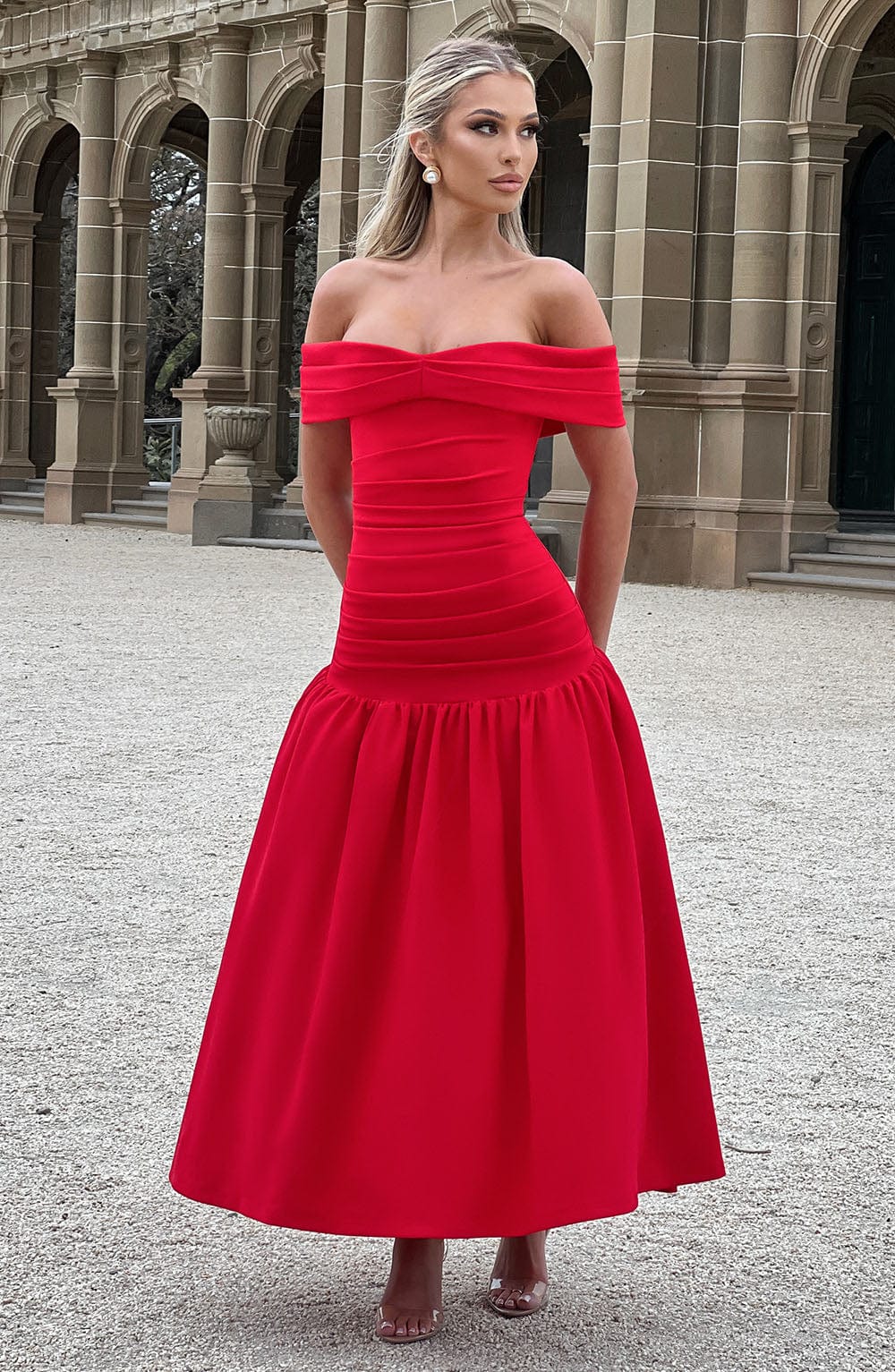 Off Shoulder Ruched Bodice Drop Waist Midi Dress