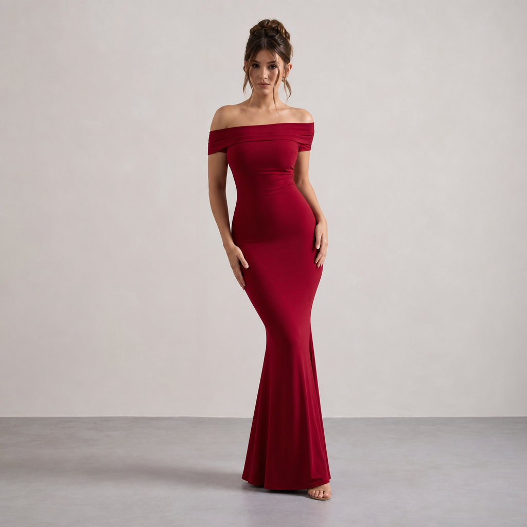 Off Shoulder Foldover Ruched Fishtail Maxi Dress 7