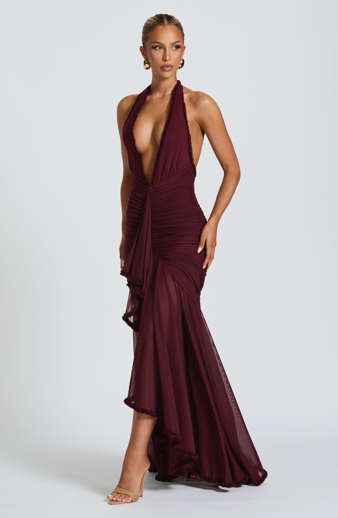Mesh Halter Neck Deep V-Neck Ruched Ruffle Mermaid Maxi Gown 3
