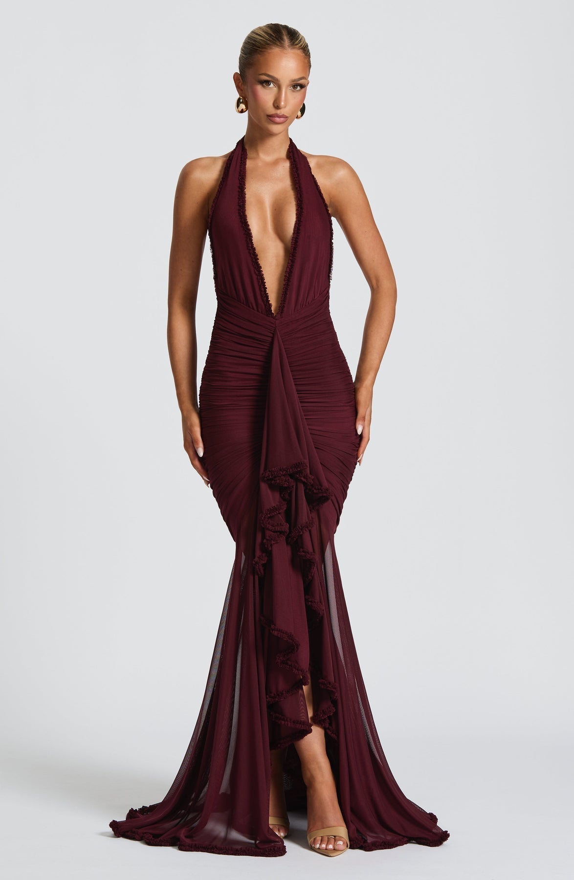 Mesh Halter Neck Deep V-Neck Ruched Ruffle Mermaid Maxi Gown