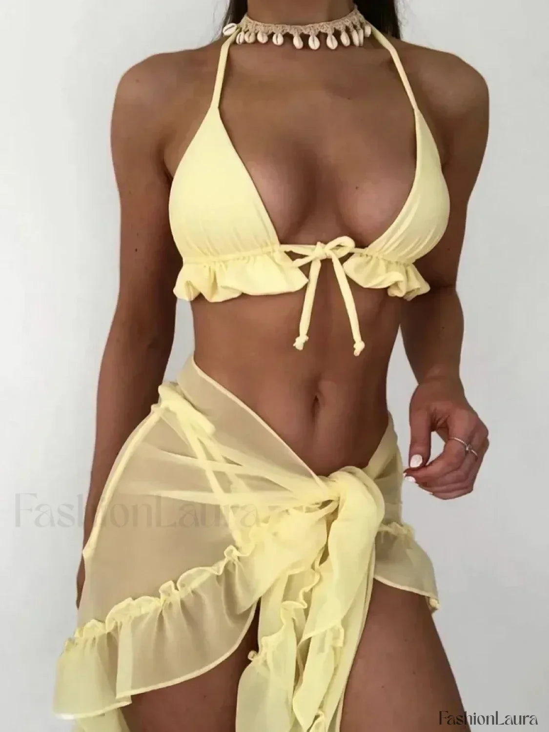 With Mesh Sarong Halter Ruffled Bikini Set