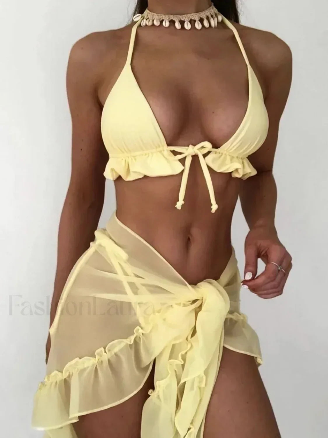 With Mesh Sarong Halter Ruffled Bikini Set