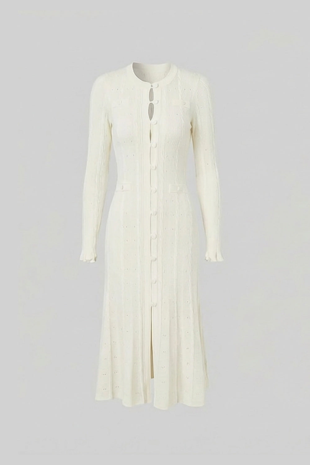 Crew Neck Long Sleeve Button Front Cable Knit Pointelle Midi Dress 2
