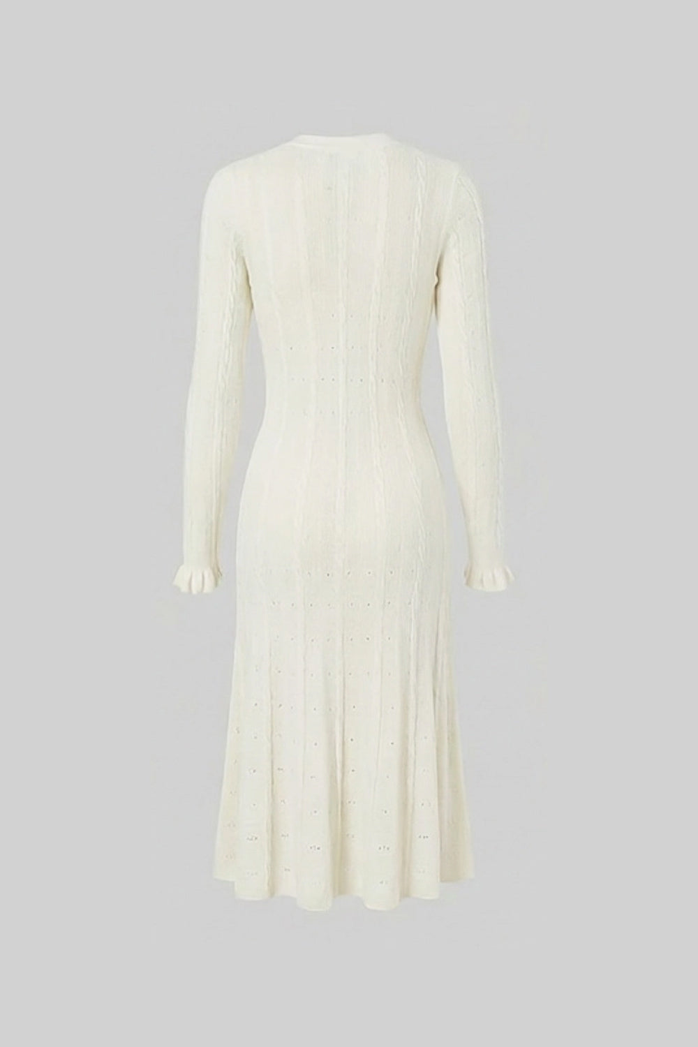 Crew Neck Long Sleeve Button Front Cable Knit Pointelle Midi Dress 5