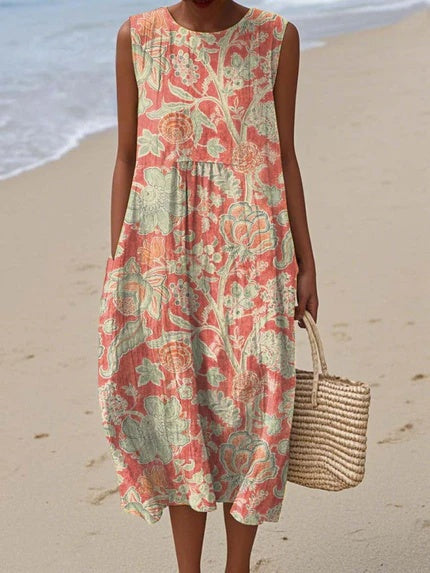 Floral Sleeveless Pocket Midi Dress