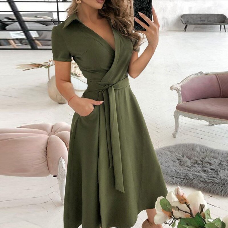 Asymmetric Off Shoulder Puff Sleeve Tie Waist Pocket A-Line Midi Dress