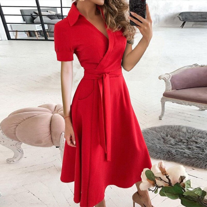 Asymmetric Off Shoulder Puff Sleeve Tie Waist Pocket A-Line Midi Dress