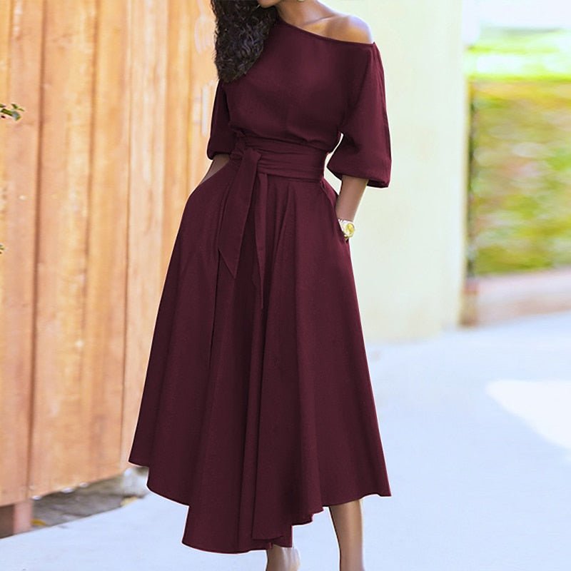 Asymmetric Off Shoulder Puff Sleeve Tie Waist Pocket A-Line Midi Dress