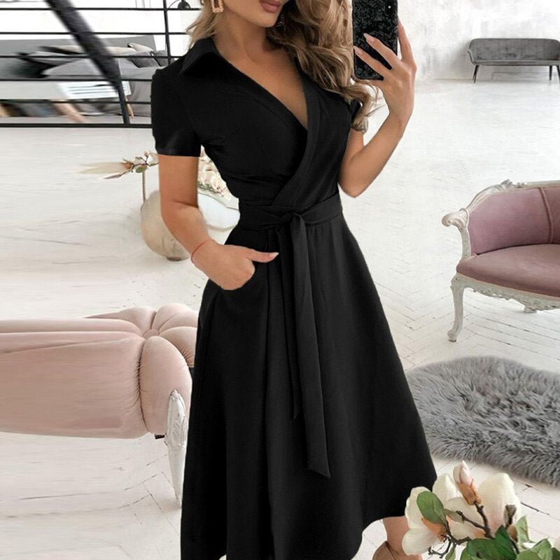 Asymmetric Off Shoulder Puff Sleeve Tie Waist Pocket A-Line Midi Dress