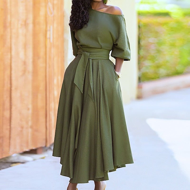 Asymmetric Off Shoulder Puff Sleeve Tie Waist Pocket A-Line Midi Dress