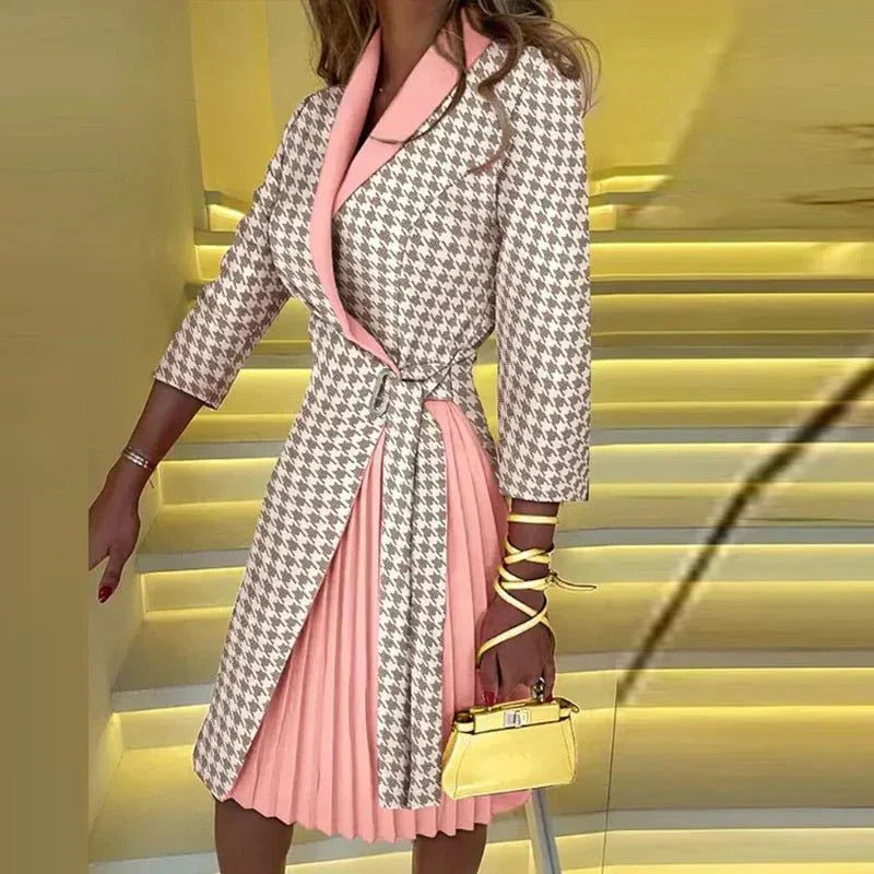 Notched Collar Wrap Front Buckle Three Quarter Sleeve Pleated Blazer Dress