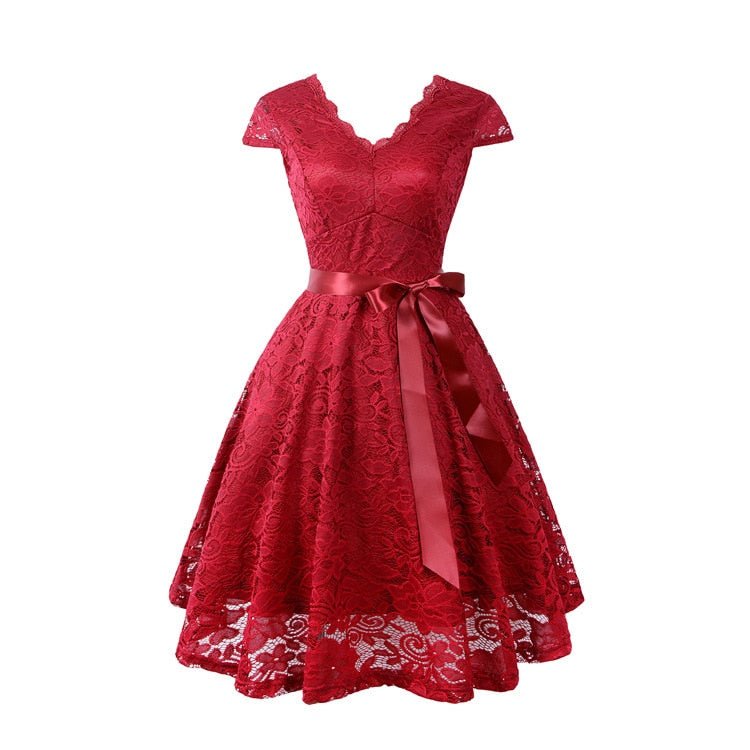 Floral Lace Deep V-Neck Cap Sleeve Sash Waist Fit and Flare Cocktail Midi Dress