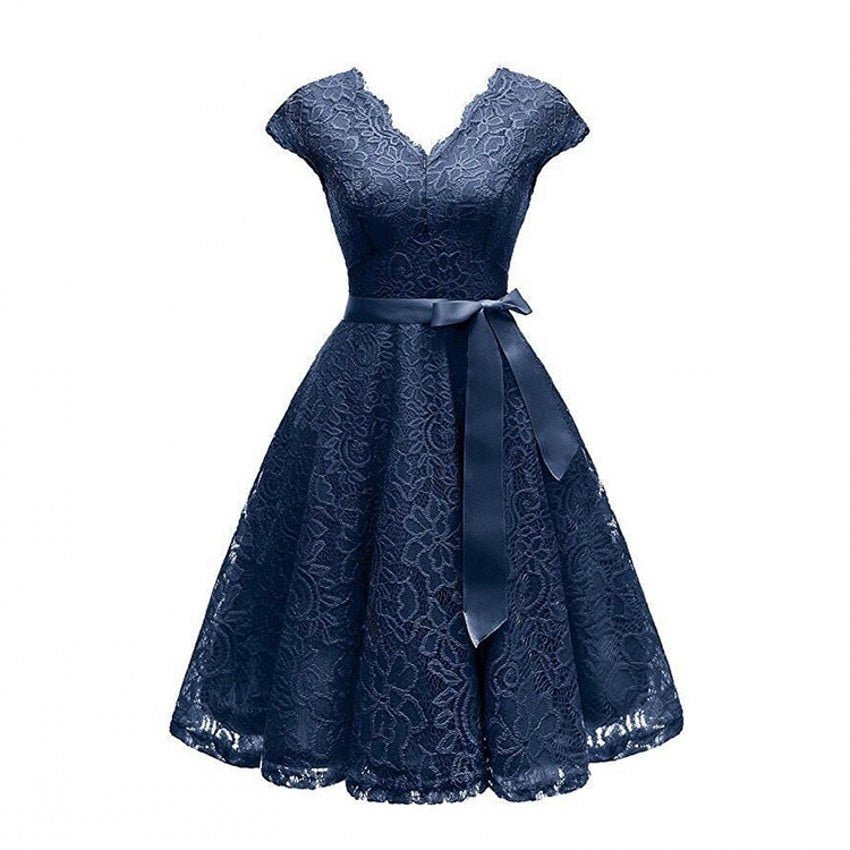 Floral Lace Deep V-Neck Cap Sleeve Sash Waist Fit and Flare Cocktail Midi Dress