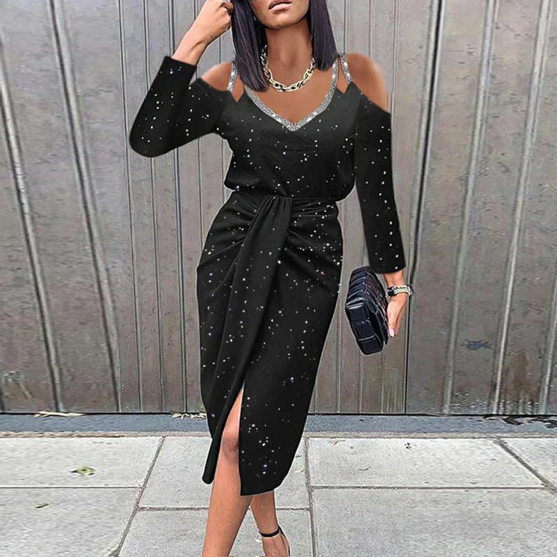 Round Neck Cold Shoulder Tie Waist Slit Midi Dress
