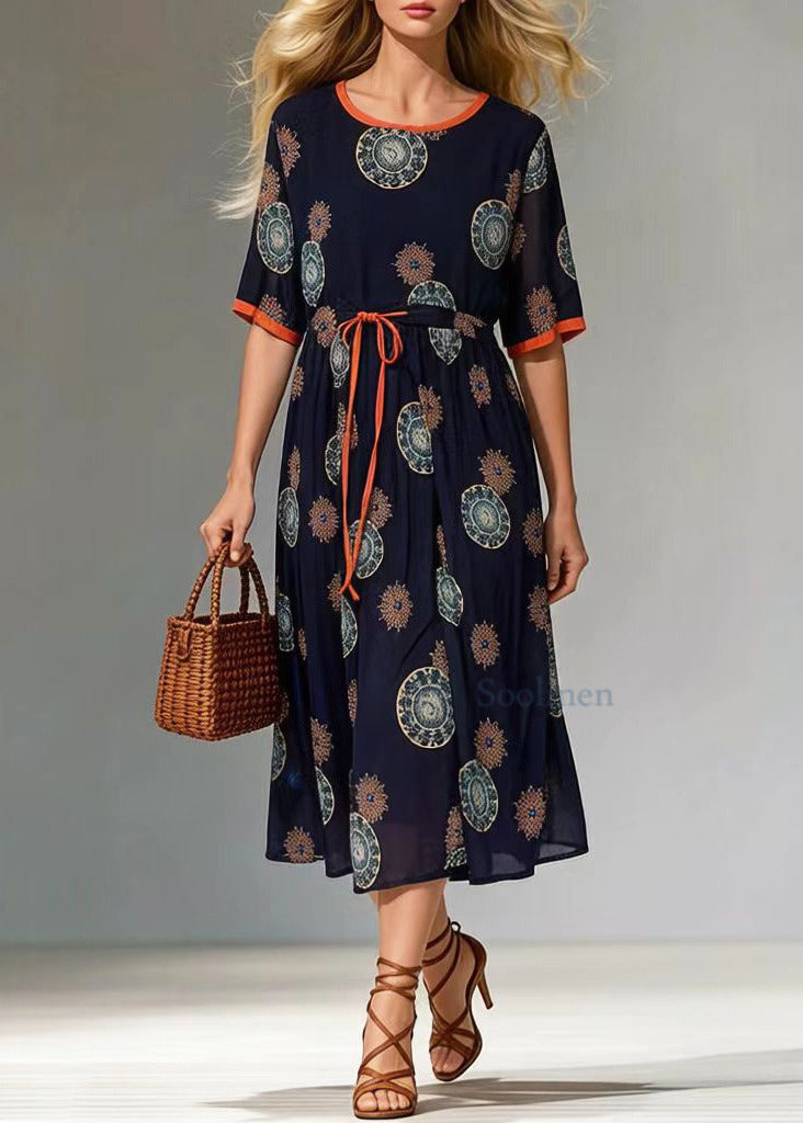 Round Neck Short Sleeve Tie Waist Mandala Print Chiffon Midi Dress - View 3