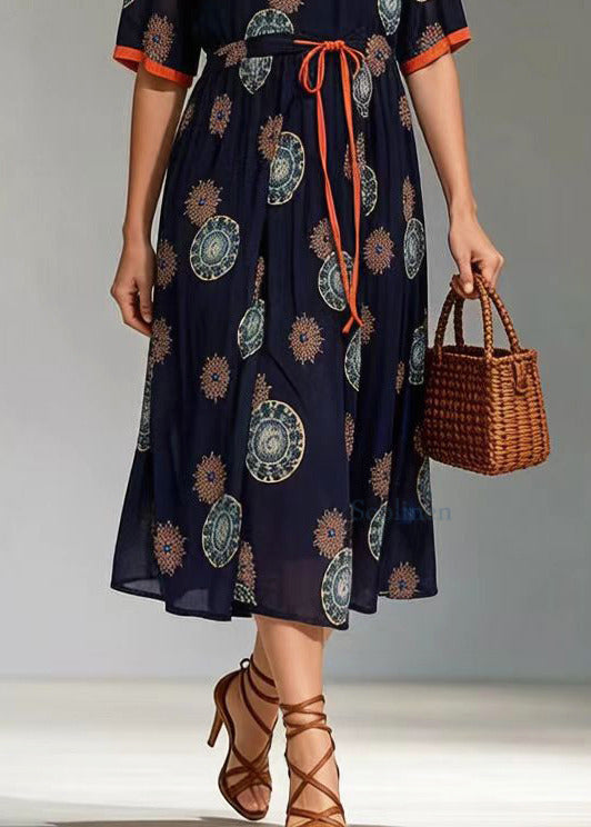 Round Neck Short Sleeve Tie Waist Mandala Print Chiffon Midi Dress