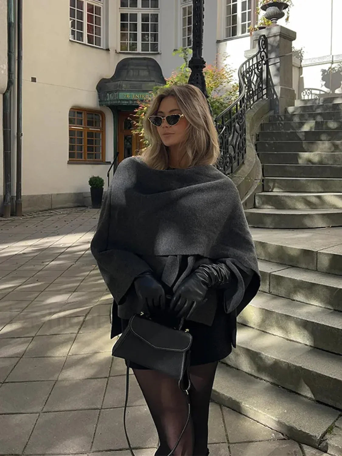 Women Brown Scarf Shawl Collar Short Wool Blends Coat Elegant Fashion Overcoats