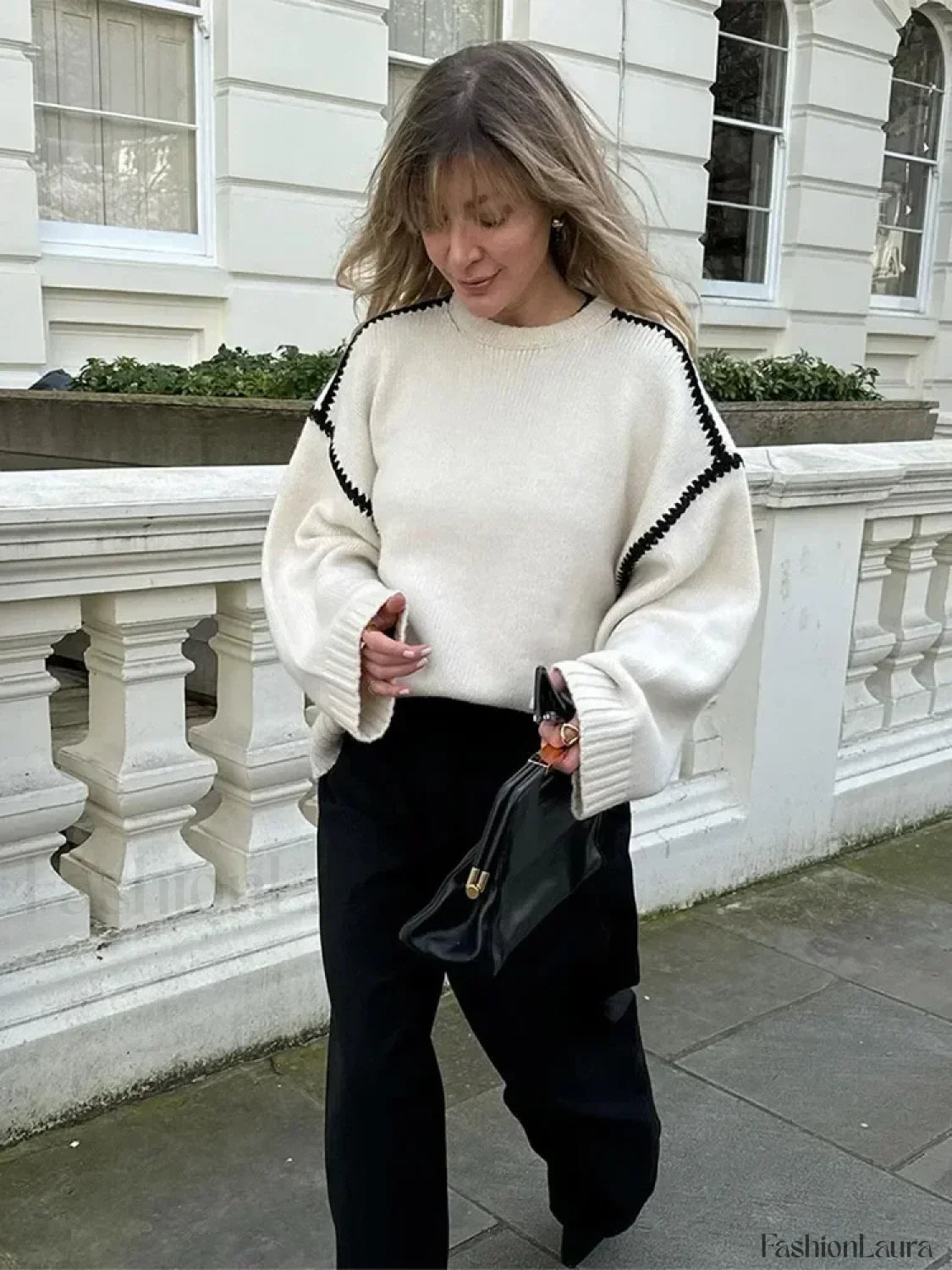 Women Elegant Contrast O Neck Knitted Casual Long Sleeve Loose Sweater