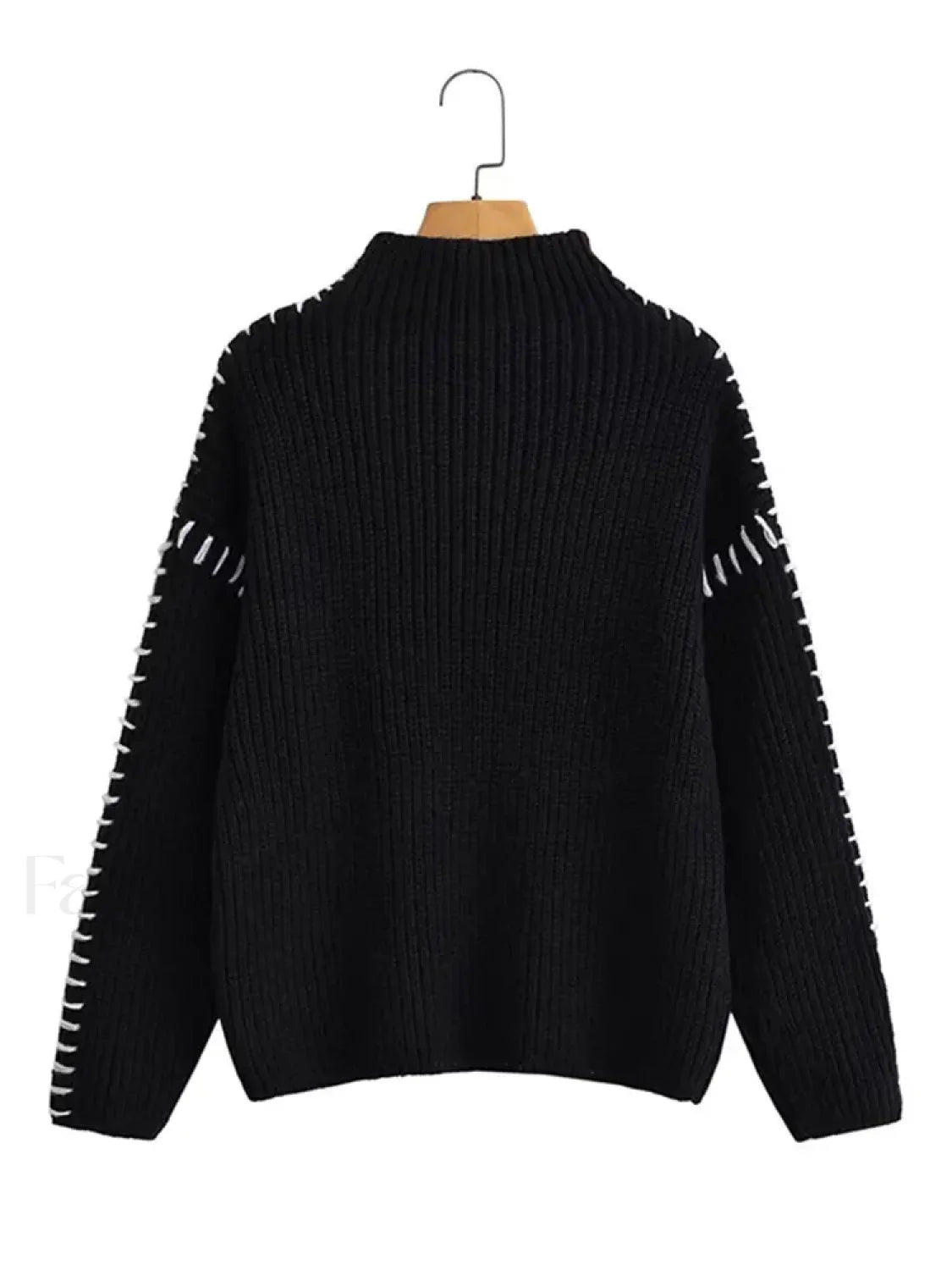 Women Elegant Contrast Stitching Knitted Pullover Casual Loose Turtleneck Long Sleeves Sweater BLACK / S Sweaters L