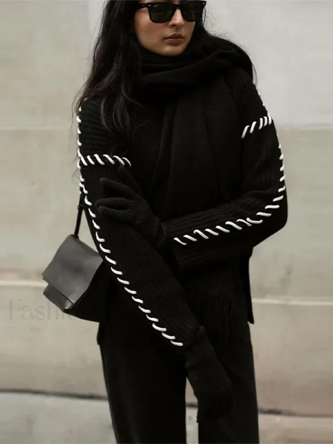 Women Elegant Contrast Stitching Knitted Pullover Casual Loose Turtleneck Long Sleeves Sweater