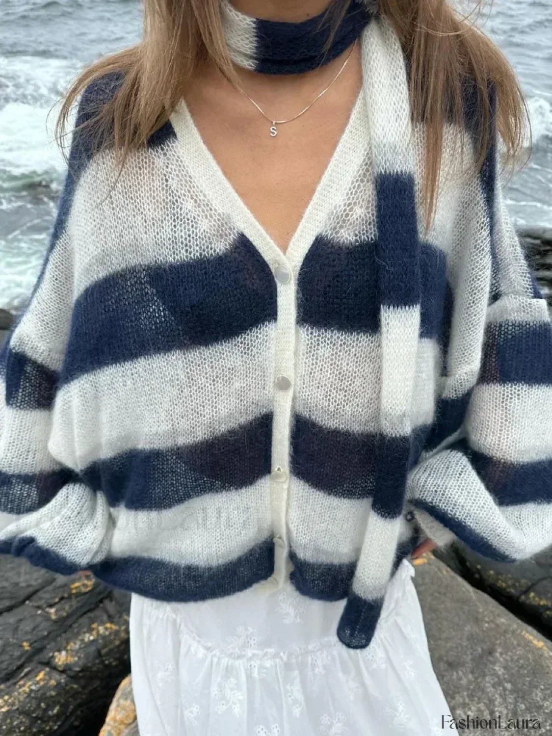 Women Fashion Contrast Striped Knitted Cardigan With Scarf Elegant V Neck Sweater