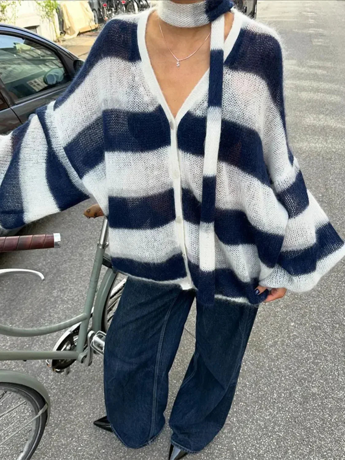 Women Fashion Contrast Striped Knitted Cardigan With Scarf Elegant V Neck Sweater