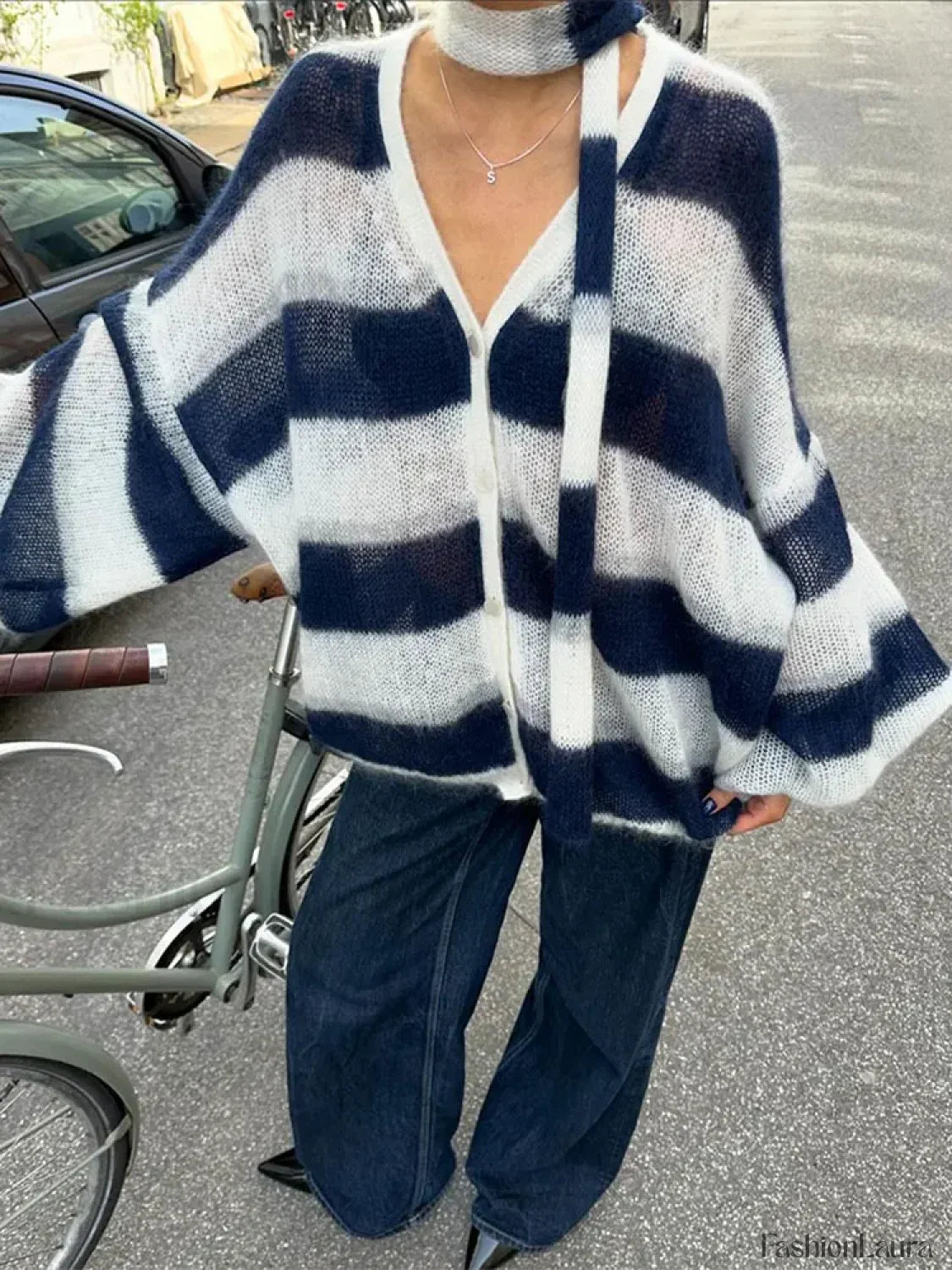 Women Fashion Contrast Striped Knitted Cardigan With Scarf Elegant V Neck Sweater