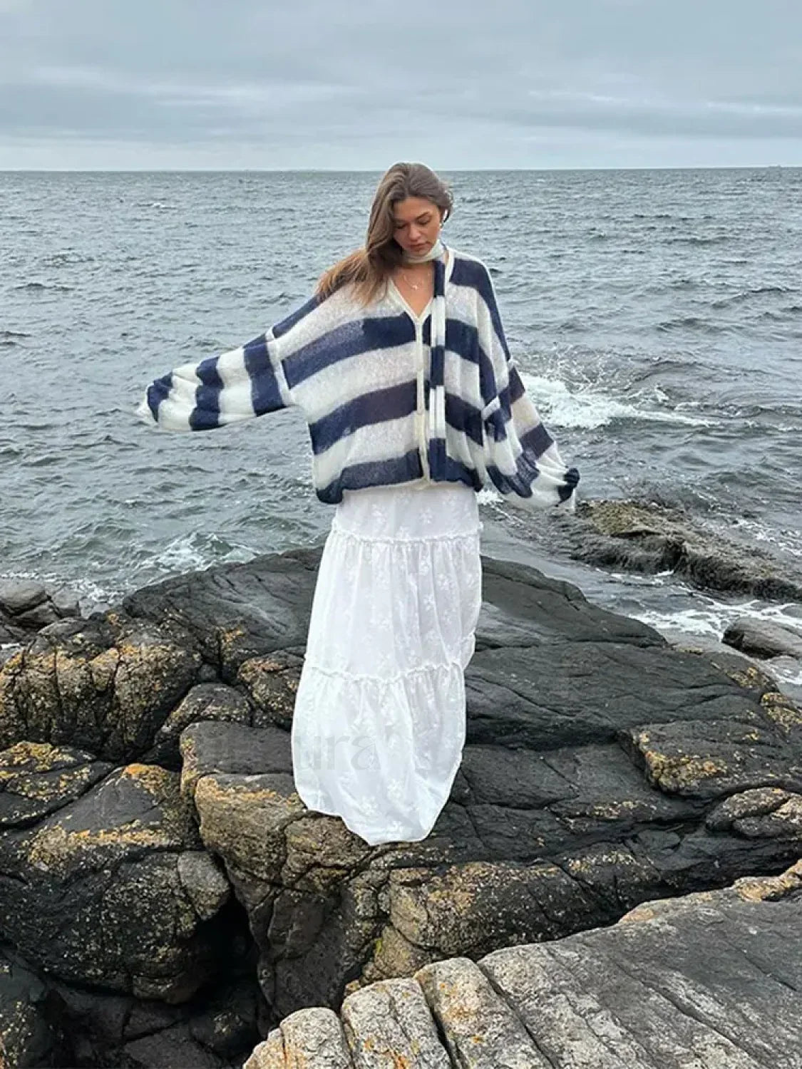 Women Fashion Contrast Striped Knitted Cardigan With Scarf Elegant V Neck Sweater