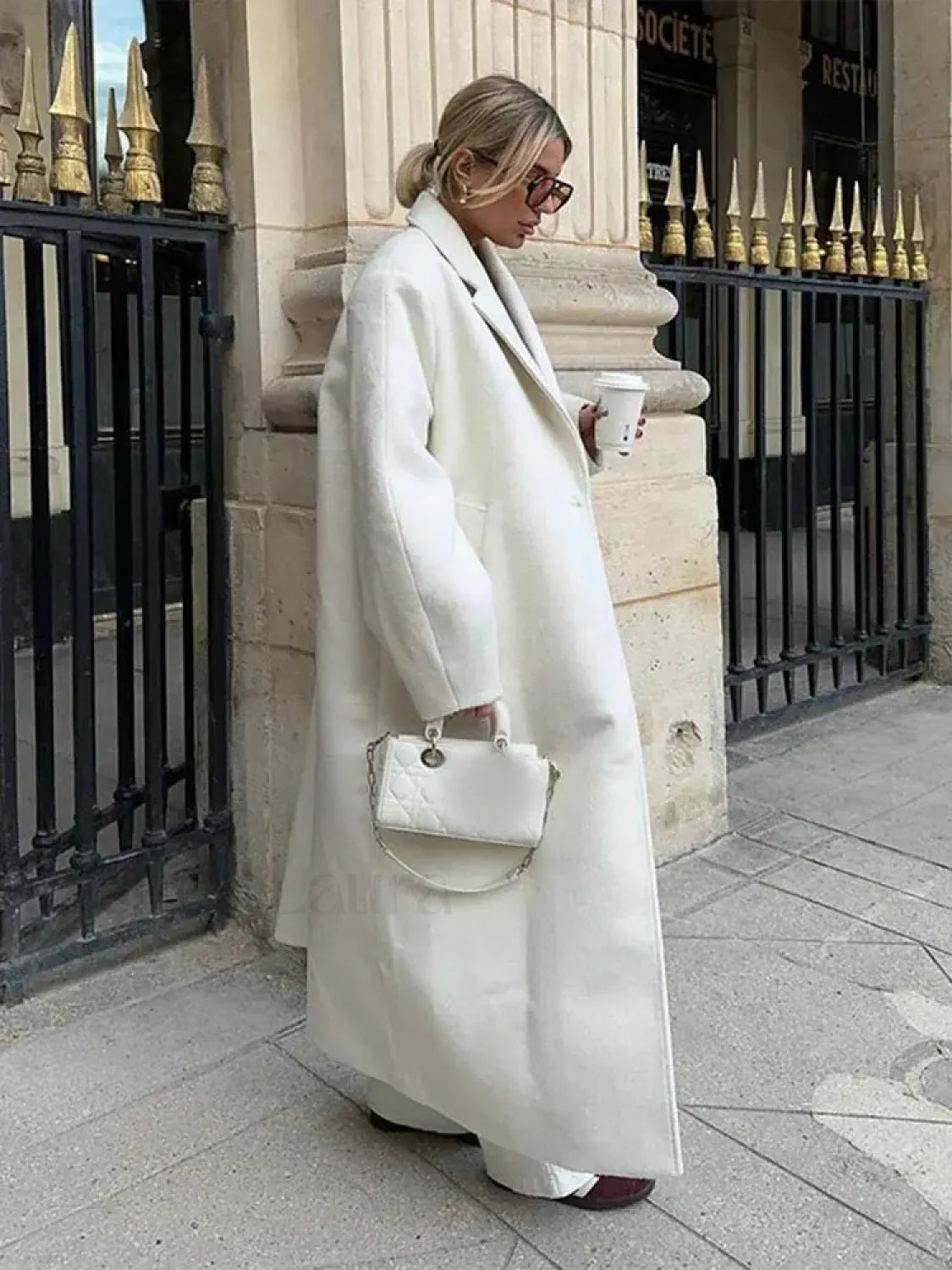 Women Fashion Loose White Long Woolen Overcoats
