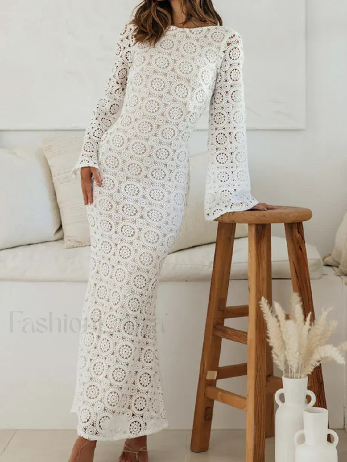 Women Knit Long Elegant Flower Jacquard Backless Maxi Hollow Out Crochet Holiday Beach Lace Dress