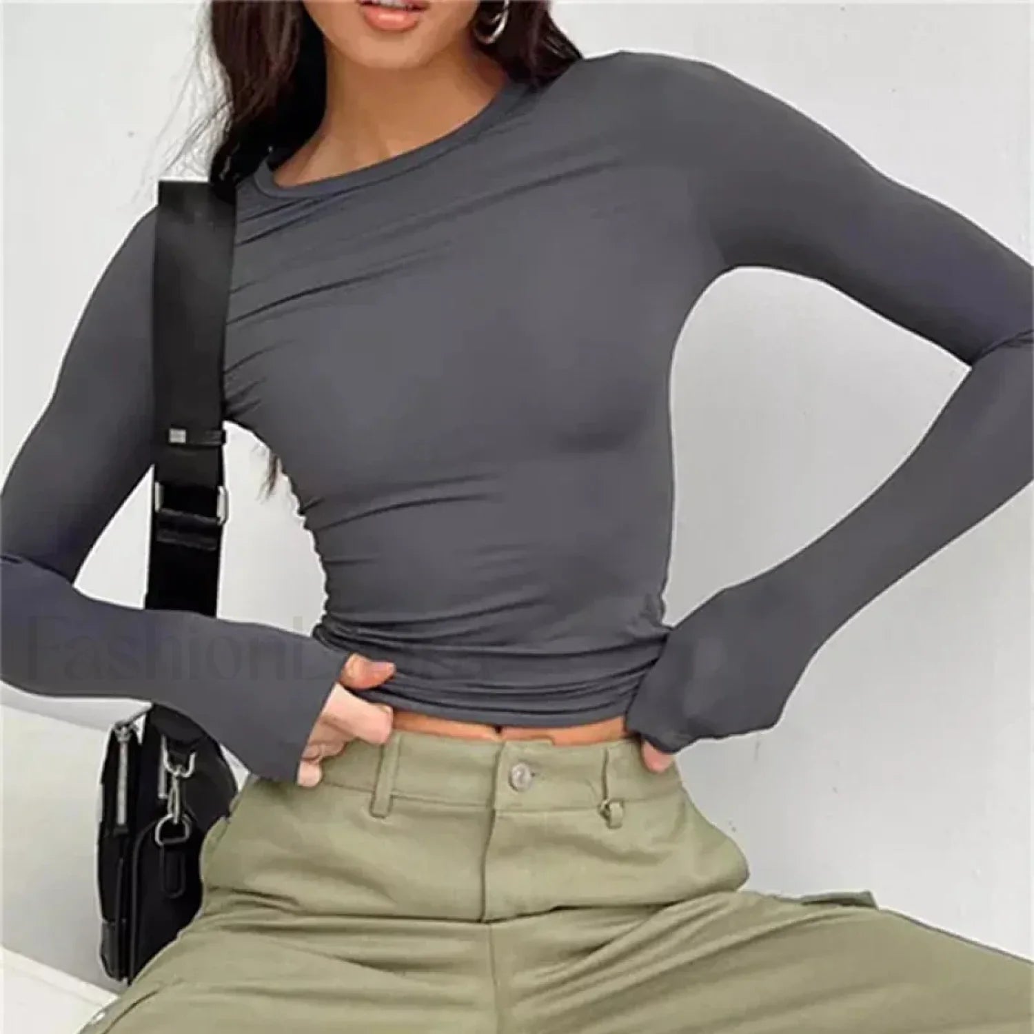 Women Long Sleeve Solid Slim Fit Casual Crop Top Dark Grey / S