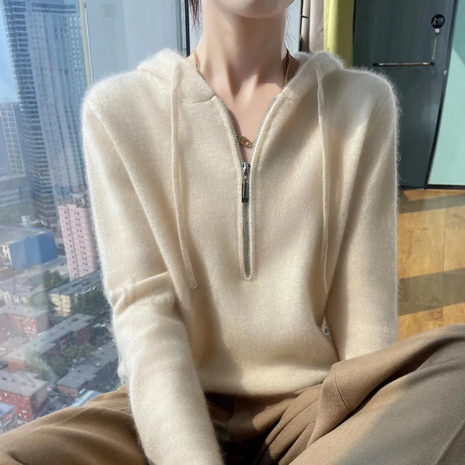 Women Merino Wool Pullover Autumn Long Sleeve Cashmere Knitted Hoodie Clothes Sweater